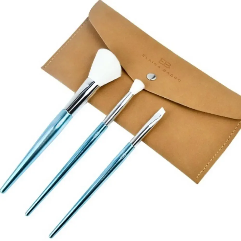 NWT Elaina Badro three makeup brush set with leather case